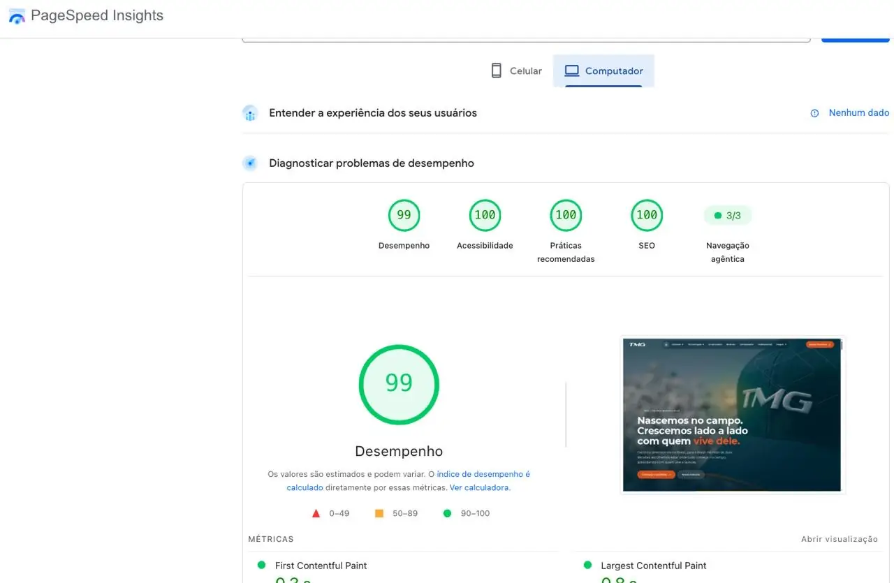Resultado do PageSpeed Insights no computador: desempenho 99, acessibilidade 100, práticas recomendadas 100 e SEO 100